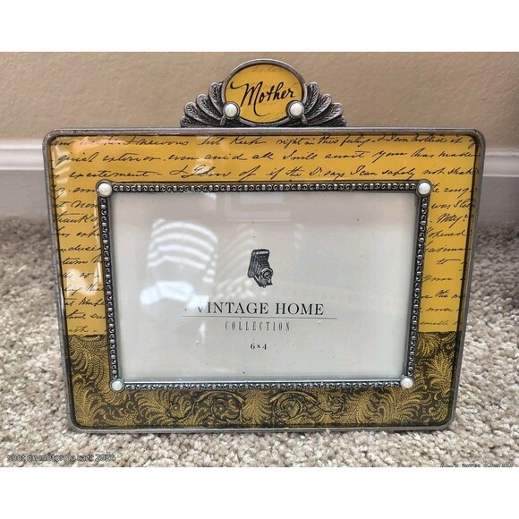 Vintage Home Collection 6 x 4 Mother Yellow Metal Glass Ornate Picture Frame - Picture 1 of 9